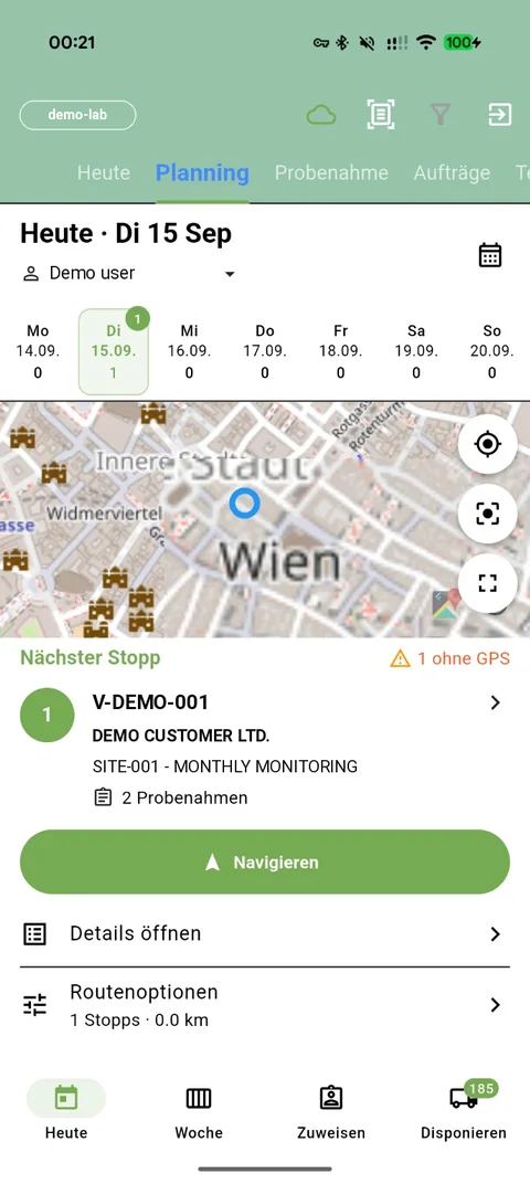 Probenahme-App: Tagesplanung mit Karte und nächstem Stopp